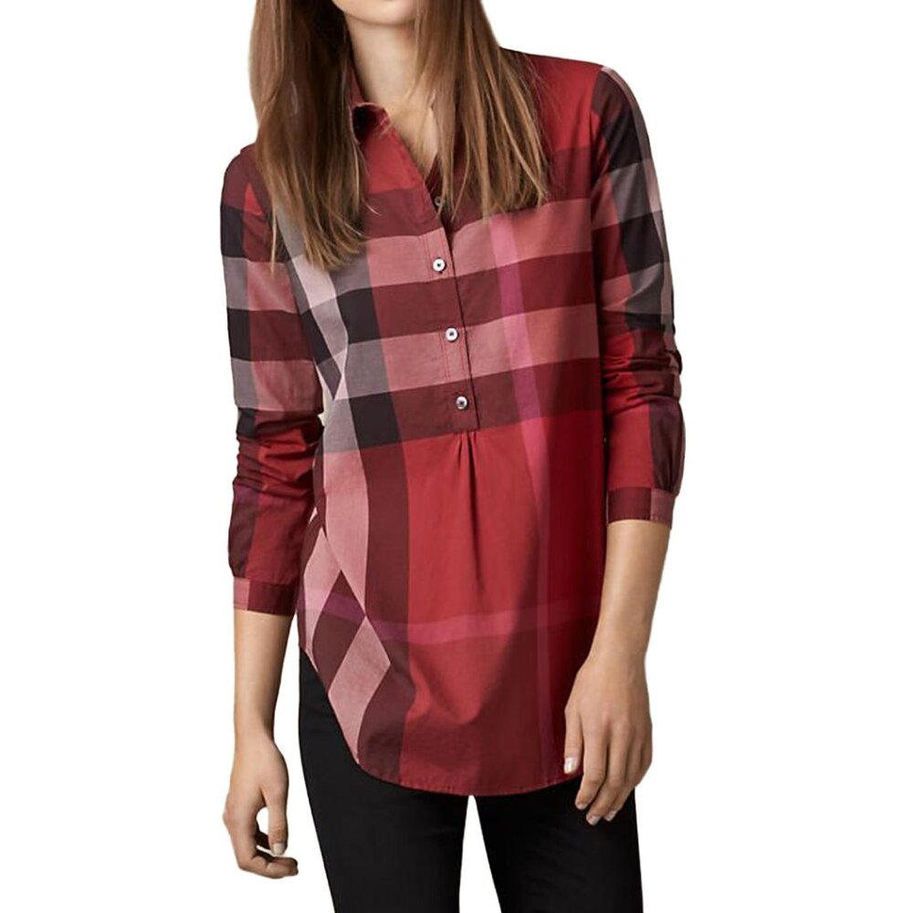 Burberry Brit Women's Red Nova Check Plaid Popover Tunic Top XL